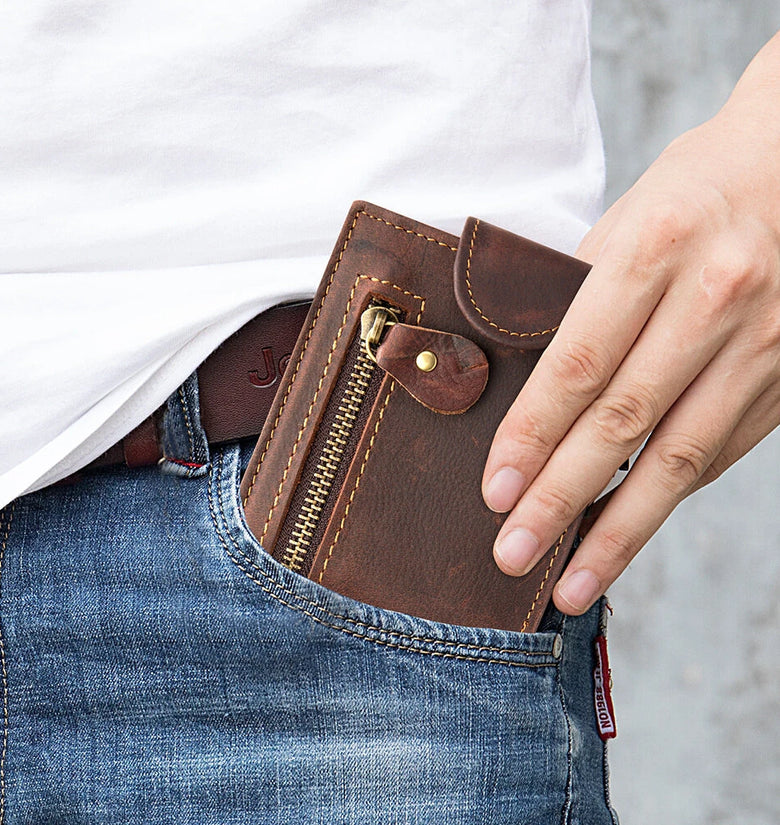 Ekphero Men's Vintage Genuine Leather Short Wallet with Zipper Pocket and Snap Closure Stylish Bifold Multi-Card Holder Coin Purse Money Clip