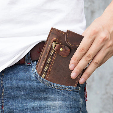 Ekphero Men's Vintage Genuine Leather Short Wallet with Zipper Pocket and Snap Closure Stylish Bifold Multi-Card Holder Coin Purse Money Clip