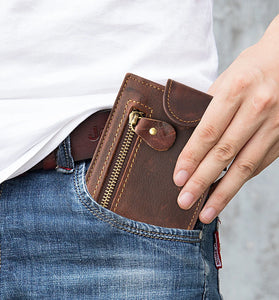 Ekphero Men's Vintage Genuine Leather Short Wallet with Zipper Pocket and Snap Closure Stylish Bifold Multi-Card Holder Coin Purse Money Clip