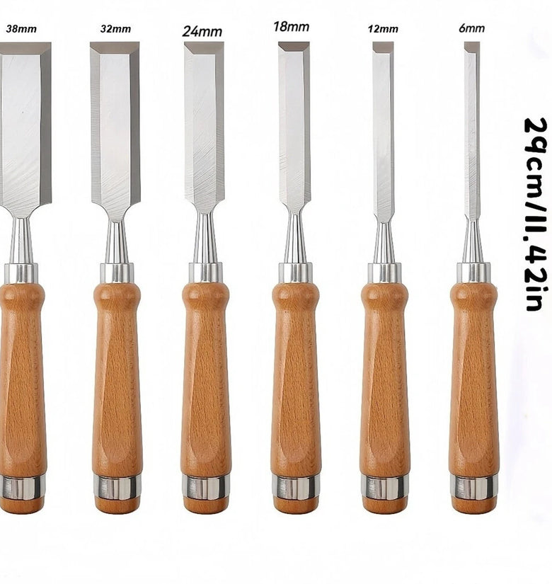 High Carbon Steel Woodworking Chisel Set 8pcs Ergonomic Wooden Handle Sharp Blade Widths 10-38mm Professional Wood Carving Tools
