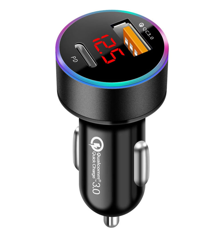 38W Car Charger PD+USB QC3.0 Quick Charging Phone Charger 12V -24V Lighter Socket with LED Voltmeter Display