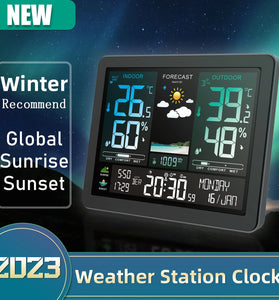 Digital Weather Station Alarm Clock Wireless Indoor Outdoor Thermometer with Atomic Clock Forecast Station with Calendar and Adjustable Backlight