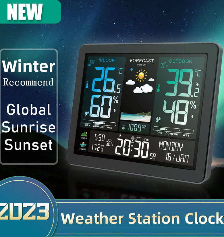 Digital Weather Station Alarm Clock Wireless Indoor Outdoor Thermometer with Atomic Clock Forecast Station with Calendar and Adjustable Backlight
