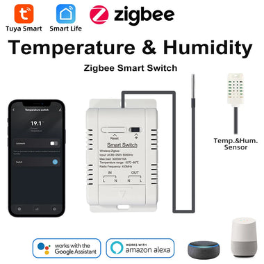 Tuya Zigbe Temperature Humidity Smart Switch 16A 3000W APP Remote Control Voice Control Timer & Schedule for Smart Life & Tuya Smart APP