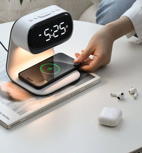 Portable Bedroom Touch Control Bedside Table Lamp Dimmable Digital Alarm Clock Wireless Charging Station for Bedroom, Bedside Office