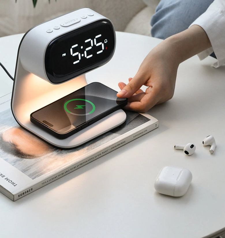 Portable Bedroom Touch Control Bedside Table Lamp Dimmable Digital Alarm Clock Wireless Charging Station for Bedroom, Bedside Office