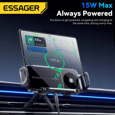 ESSAGER X01 15W Car Wireless Charger Air Outlet Dual Coil Mount Stand One-Click Switch Fast Charging for iPhone 16 15 14 13 Pro Max for Huawei Mate XT for SAMSUNG XIAOMI