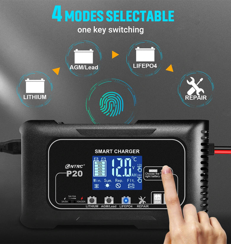 HTRC 20A P20 12V-24V Smart Battery Charger For Car Motorcycle Battery Repair Charging For Auto Moto Lead Acid AGM Lithium LiFePo4 Batteries