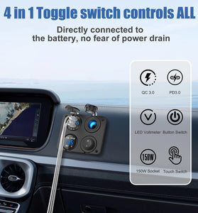 4 In 1 12V Marine Switch Panel Dual PD30W QC18W Car USB Port Aluminum Charger Lighted 150W Car Socket Blue LED Voltmeter and Rocker Switch