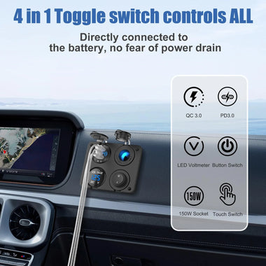 4 In 1 12V Marine Switch Panel Dual PD30W QC18W Car USB Port Aluminum Charger Lighted 150W Car Socket Blue LED Voltmeter and Rocker Switch