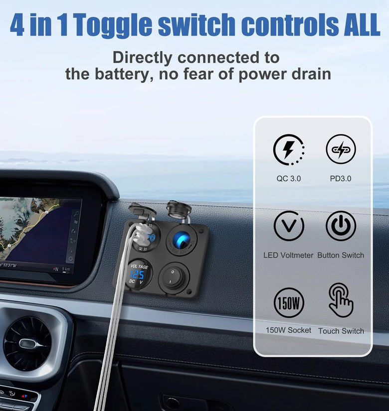 4 In 1 12V Marine Switch Panel Dual PD30W QC18W Car USB Port Aluminum Charger Lighted 150W Car Socket Blue LED Voltmeter and Rocker Switch