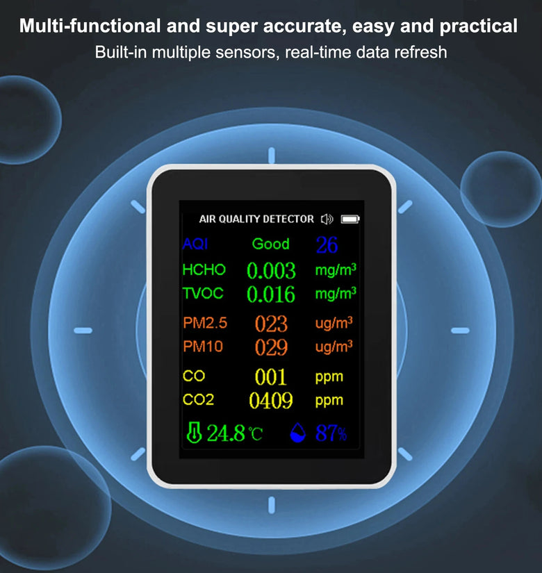 12-in-1 Air Quality Monitor Tuya wifi HCHO CO Formaldehyde Portable Carbon Dioxide Detector with Real-Time Data CO2 HCHO TVOC PM2.5 PM10 CO Temperature Humidity Meter USB Charging WiFi Enabled for Home and Office Use