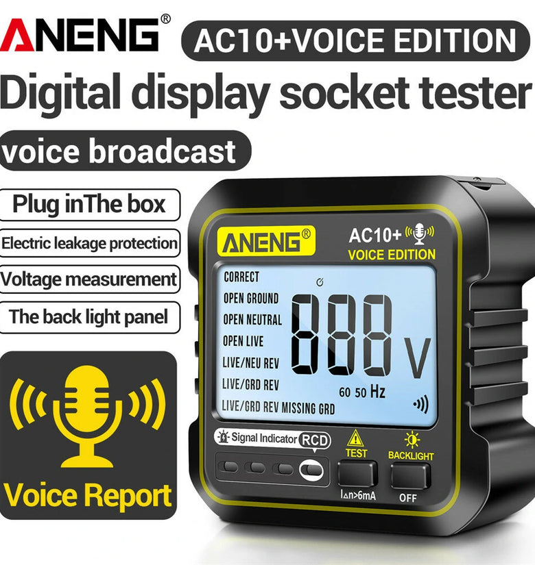 ANENG AC10+ Digital Display Socket with LCD Screen Voice Broadcast Leakage Protection Phase Meter Plug For Reliable Performance- Ideal for Standard Power Outlets