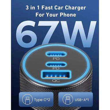 3-Port USB C Car Charger Adapter 67W Car Charger Dual USB-C & USB-A Car Power Adapter PD/QC Fast Charging for iOS and Android Devices