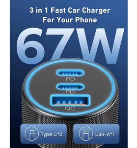 3-Port USB C Car Charger Adapter 67W Car Charger Dual USB-C & USB-A Car Power Adapter PD/QC Fast Charging for iOS and Android Devices