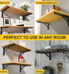 8inch Stainless Steel Folding Shelf Brackets Heavy Duty 90 Degree Wall Mount Space Saving Support for Tables Benches Shelves Includes Screws and Anchors Easy Installation Black