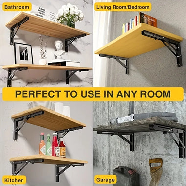 8inch Stainless Steel Folding Shelf Brackets Heavy Duty 90 Degree Wall Mount Space Saving Support for Tables Benches Shelves Includes Screws and Anchors Easy Installation Black