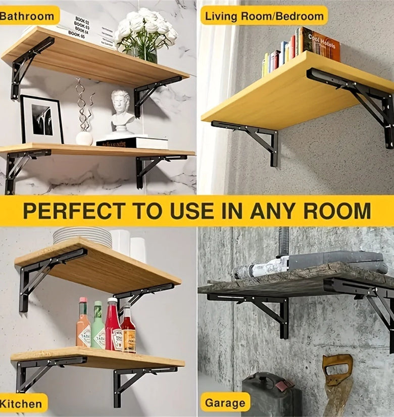 8inch Stainless Steel Folding Shelf Brackets Heavy Duty 90 Degree Wall Mount Space Saving Support for Tables Benches Shelves Includes Screws and Anchors Easy Installation Black