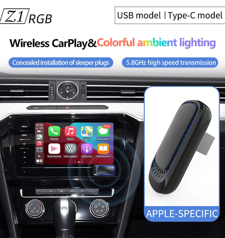 Wooboobox Z1RGB Wireless Carplay Android Auto Adapter Smart Box Plug And Play Bluetooth WiFi Fast Connect Universal For Wired Apple Carplay Cars