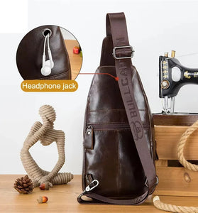 BULLCAPTAINN Genuine Leather Men's Chest Bag with Phone Holder Multi-Layer Large Capacity Shoulder Pack Travel Outdoor Comfy Wide Strap Messenger Bag