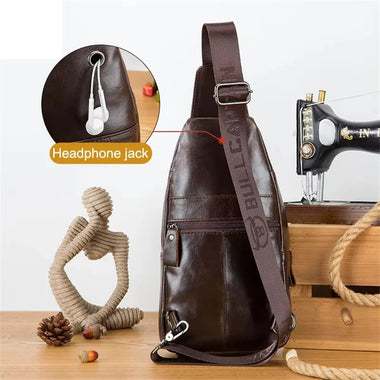 BULLCAPTAINN Genuine Leather Men's Chest Bag with Phone Holder Multi-Layer Large Capacity Shoulder Pack Travel Outdoor Comfy Wide Strap Messenger Bag