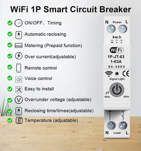 Smart WiFi Circuit Breaker Meter, Rated Voltage AC230 Protection Against Overload Lightnin Overcurrent Self-Recovery Supports Tuya App & Smart Life and Voice Control Easy Installation