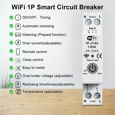 Smart WiFi Circuit Breaker Meter, Rated Voltage AC230 Protection Against Overload Lightnin Overcurrent Self-Recovery Supports Tuya App & Smart Life and Voice Control Easy Installation