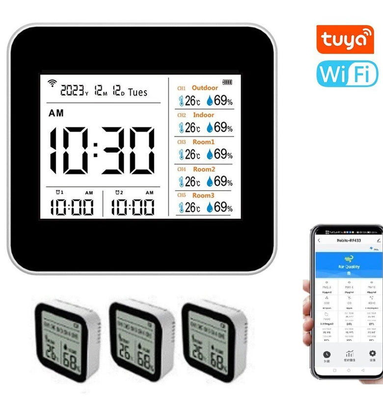 13 in 1 Tuya WIFI Intelligent Thermometer Hygrometer Indoor Accurate Temperature Humidity Gauge Monitor with Time/Calendar/Alarm Display Support Remote APP Control for Home Office