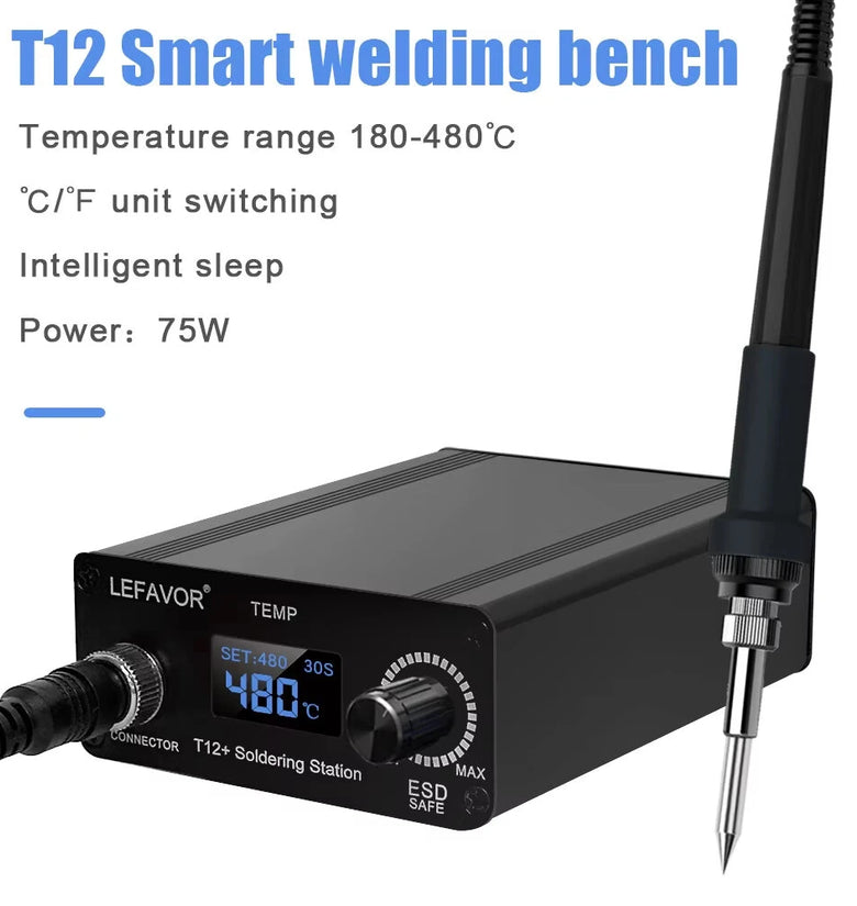 T12LCD Soldering Station 75W Adjustable Temperature 180 to 480 Celsius Rapid Heating Compact Design Safe Professional Electric Tool