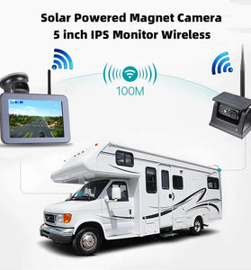 Wireless Solar Powered Backup Camera AHD 5 Inch Rear View Monitor Wide Angle Night Vision Long Range Transmission Waterproof