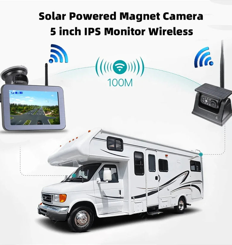 Wireless Solar Powered Backup Camera AHD 5 Inch Rear View Monitor Wide Angle Night Vision Long Range Transmission Waterproof
