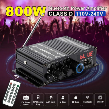 AirAux AK380 Wireless Amplifier 800W MAX Output 2.0 Channel Hi-Fi Class D bluetooth V5.0  Remote Control FM Antenna Integrated Mini Power Amplifier for Car Home Bar Party