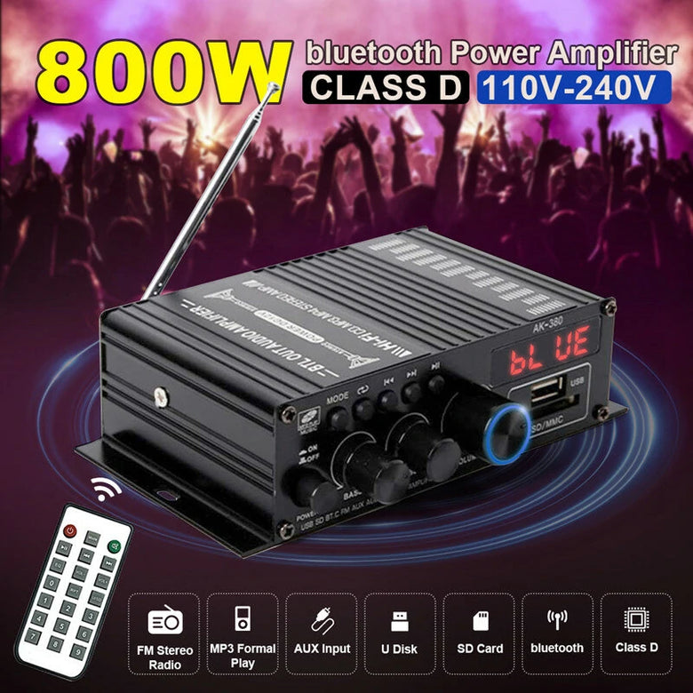 AirAux AK380 Wireless Amplifier 800W MAX Output 2.0 Channel Hi-Fi Class D bluetooth V5.0  Remote Control FM Antenna Integrated Mini Power Amplifier for Car Home Bar Party