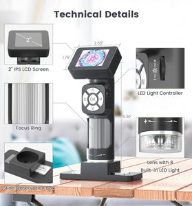 AD112 Portable Pocket 500X Microscope Kit 2-inch LCD Screen Handheld Digital Microscope with 8 Adjustable LED Lights Supports USB Connection to PC for Kids and Adults