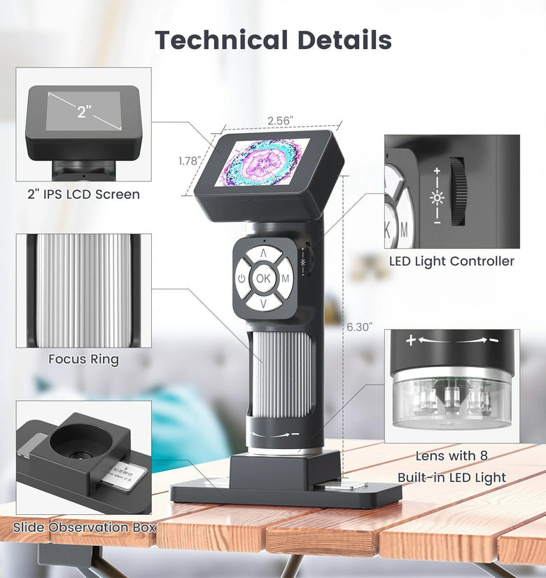 AD112 Portable Pocket 500X Microscope Kit 2-inch LCD Screen Handheld Digital Microscope with 8 Adjustable LED Lights Supports USB Connection to PC for Kids and Adults