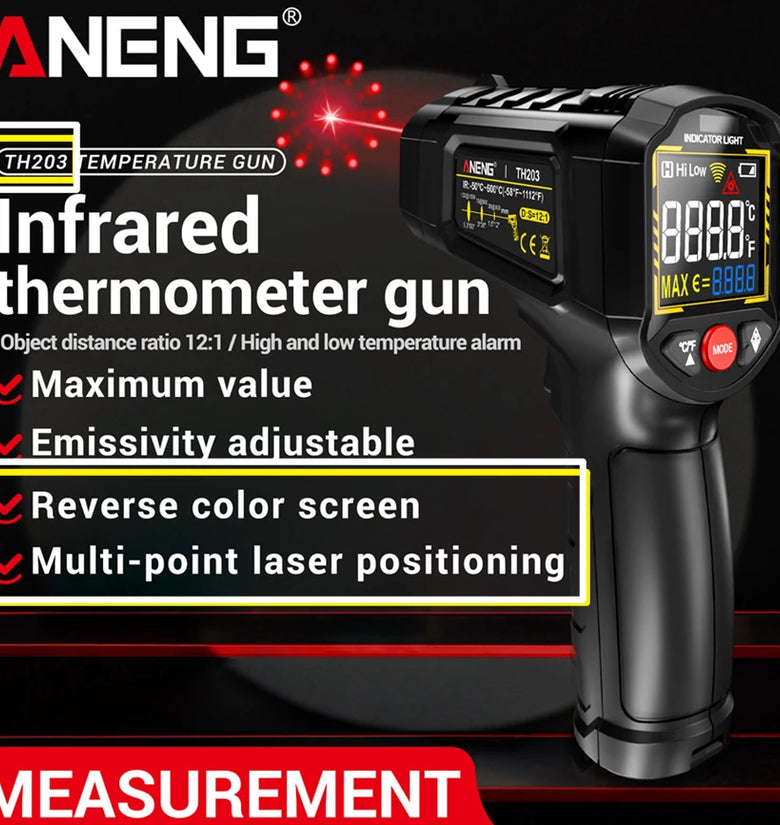ANENG TH202 TH203 Infrared Thermometer Gun -50C to 600C Multi-Point Laser LCD Backlit Display Adjustable Emissivity High Accuracy Temperature