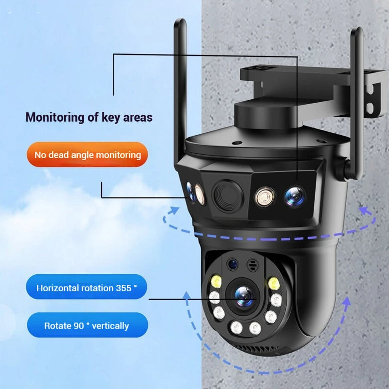 6MP Three-Lens Wireless WIFI IP Camera 360 Panoramic View 1080p Night Vision IP66 Waterproof Mobile App Controlled WiFi Surveillance Camera EU Plug