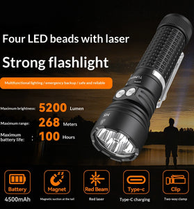 TUNENGE M5 4*LED 5200LM Strong Flashlight with Red LEP Pointer With 4500mAh Battery IP66 Waterproof Magnetic Tail Type-C Fast Charging Tactical Flashlight for Outdoor Exploration Emergency