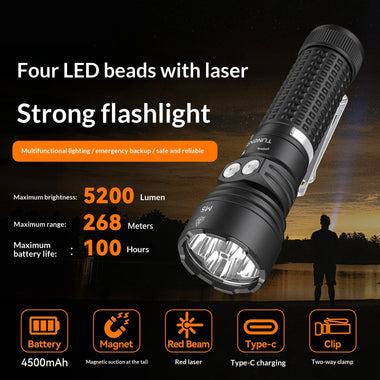 TUNENGE M5 4*LED 5200LM Strong Flashlight with Red LEP Pointer With 4500mAh Battery IP66 Waterproof Magnetic Tail Type-C Fast Charging Tactical Flashlight for Outdoor Exploration Emergency