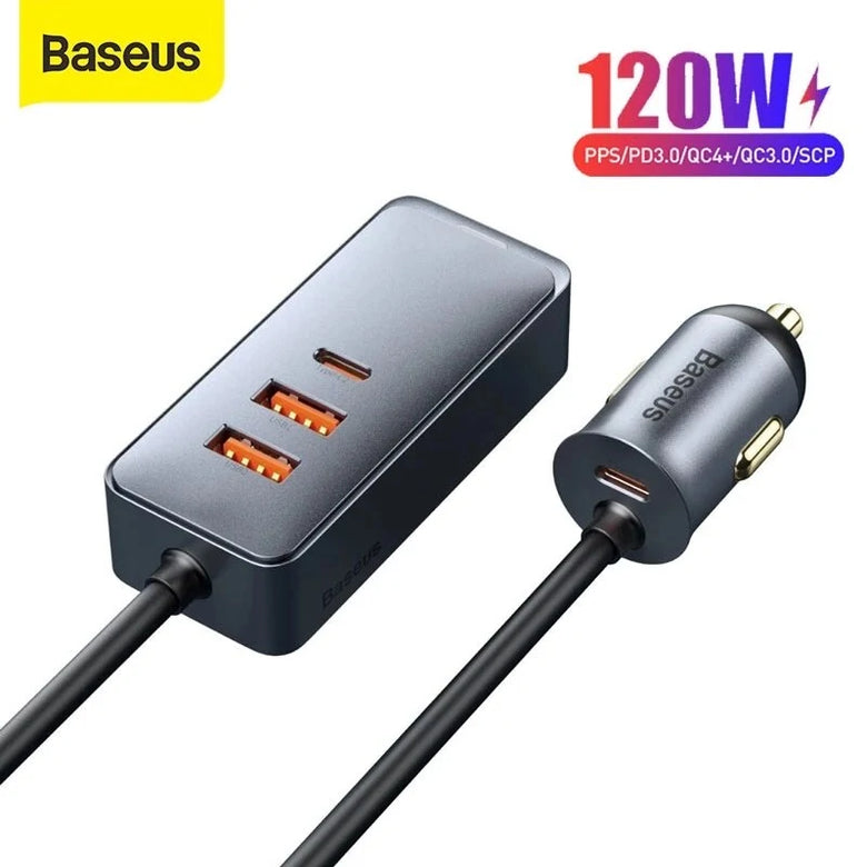 Baseus 120W 4-Port 2 USB + 2 Type-C Car Charger PPS PD QC3.0 FCP AFC Fast Charging 1.5m Long Cable