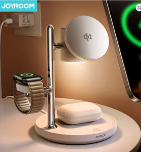 Joyroom JR-W23 Qi2 15W 4-in-1 Magnetic Wireless Charger Stand with Touch Control Night-Lamp Fast Wireless Charging Bracket for Smart Phones for iPhone 17 17 Pro 16 15 14 Pro Max 13 12 for Xiaomi 17pro for Oppo Find X9 for Airpods for Apple Watch