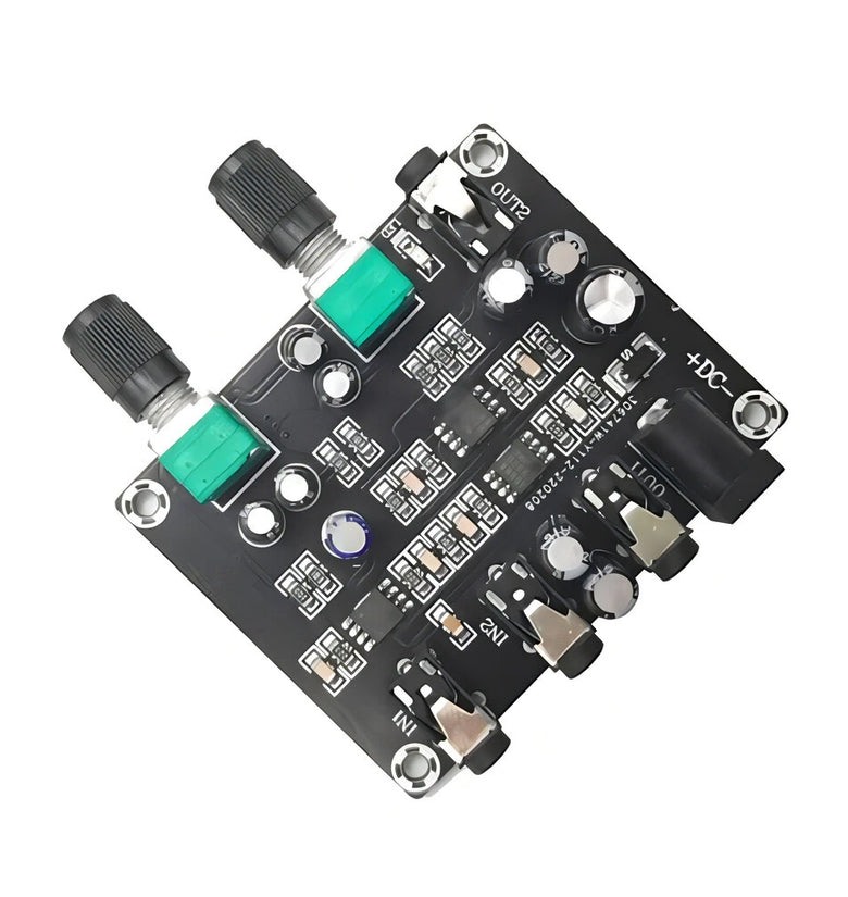 HiFi 2-Way 2-Channel Stereo Audio Signal Mixer Board DC 5-24V 3.5mm Interface Low Noise Amplifier with Volume Control for Headphones Amplifiers
