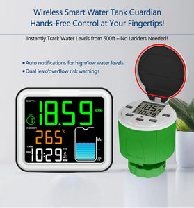 Smart Ultrasonic Water Tank Level Monitor Real Time Depth Temperature Sensor 0-5m Accuracy 0.03m Wireless Signal 500ft Multi Channel LCD Display for Home and Agriculture Tracking