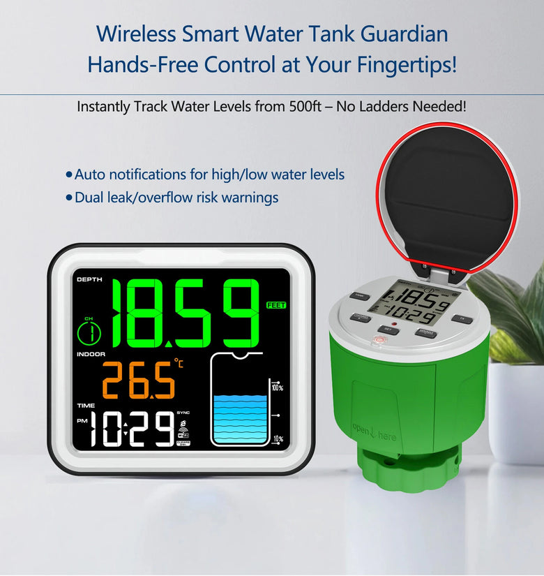 Smart Ultrasonic Water Tank Level Monitor Real Time Depth Temperature Sensor 0-5m Accuracy 0.03m Wireless Signal 500ft Multi Channel LCD Display for Home and Agriculture Tracking