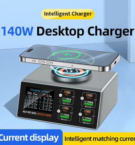 Bakeey WLX-X9S 140W 8-Port USB PD Charger 4USB-A+4USB-C PD QC3.0 Fast Wireless Charging Desktop Charging Station Support Digital Display EU Plug US Plug for iPhone 16 16 Pro 15 14 13 Pro Max for Xiaomi 15 Ultra for Samsung Galaxy S25 Ultra