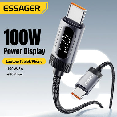 ESSAGER ES-X64 5A PD100W Type-C to Type-C Digital Display Cable PD3.0 QC4.0/3.0 FCP Fast Charging Data Transmission Tin-plated Copper Core Line 1M/2M Long for iPhone 16 16 Pro 15 15 Pro Max for Huawei Mate XT for Xiaomi 15pro