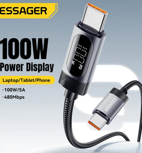 ESSAGER ES-X64 5A PD100W Type-C to Type-C Digital Display Cable PD3.0 QC4.0/3.0 FCP Fast Charging Data Transmission Tin-plated Copper Core Line 1M/2M Long for iPhone 16 16 Pro 15 15 Pro Max for Huawei Mate XT for Xiaomi 15pro