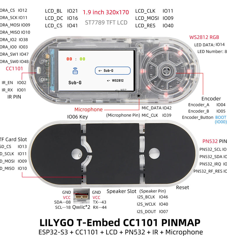 LILYGO T-Embed-CC1101 ESP32-S3 Development Board 1.9 Inch TFT LCD PN532 NFC RFID Wi-Fi Bluetooth Microcontroller