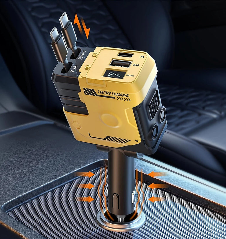 4 in 1 Retractable Car Charger Support 120W USB C Car Charger Adapter with 2 USB Ports Car Phone Charger for Samsung