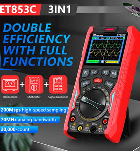 ET853C 3-in-1 2CH 70Mhz Oscilloscope Multimeter Signal Generator 3-In-1 200Msps Sampling Rate Bandwidth Dual Channel Color Screen Rechargeable Battery Auto Range Test Data Storage